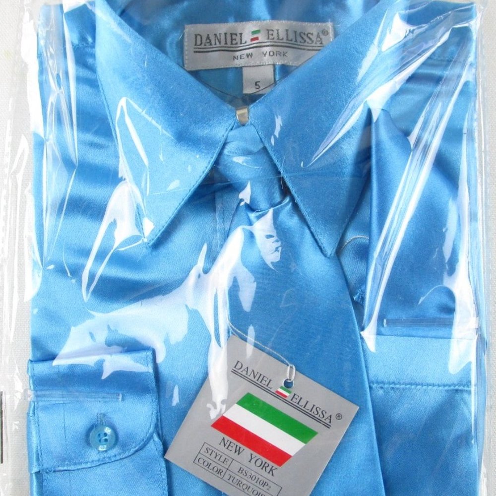NWT Daniel Ellissa Boy's 3 Pc Metallic Turquoise Blue Dress Shirt Set, Size 5